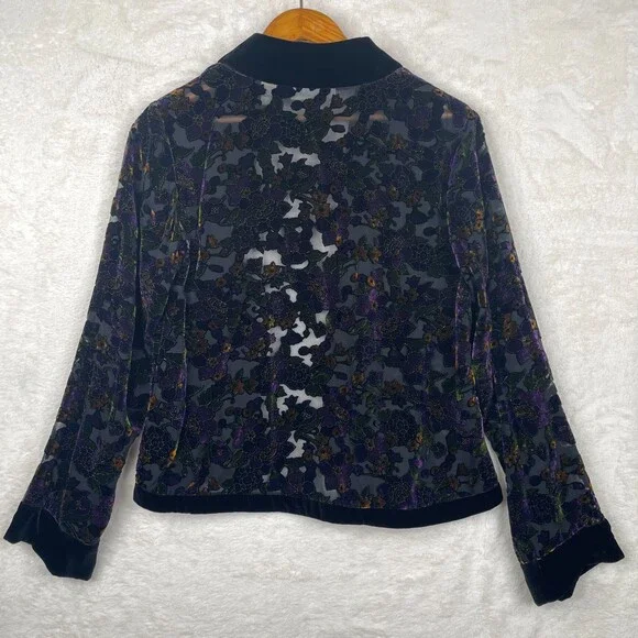 Vintage BurnOut Open Cardigan Womens S/M Floral Black Velvet Trim Dark Fairy - Picture 5 of 15